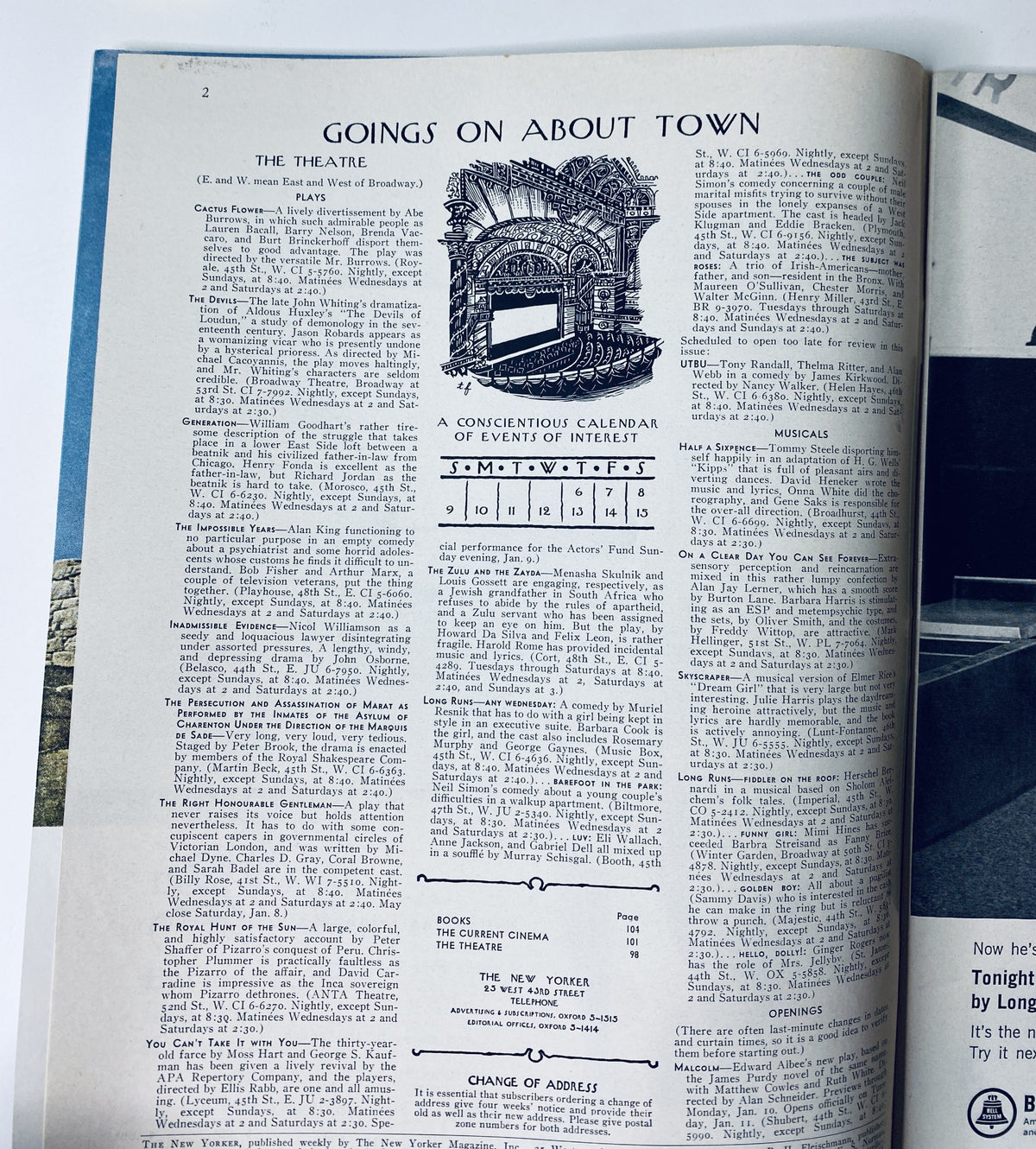Interior page of The New Yorker Magazine, January 8, 1966, displaying event listings and calendar details titled 'Goings On About Town'.