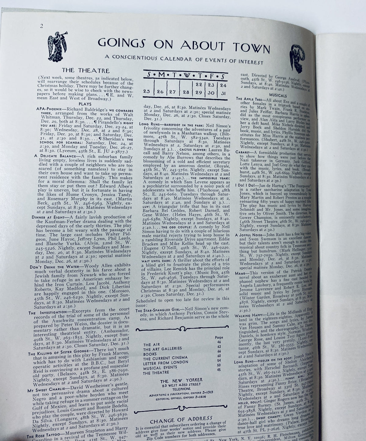 Interior page of The New Yorker Magazine, December 24, 1966, displaying a calendar of events titled 'Goings On About Town' with listings for theatre and other cultural events.