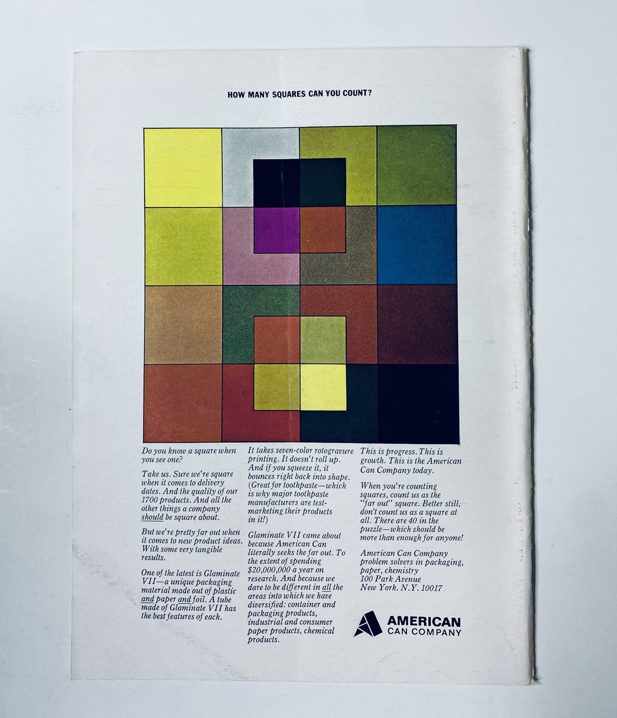 Back cover of The New Yorker Magazine for December 24, 1966, showcasing a colorful advertisement by the American Can Company, featuring a grid of squares in various colors.