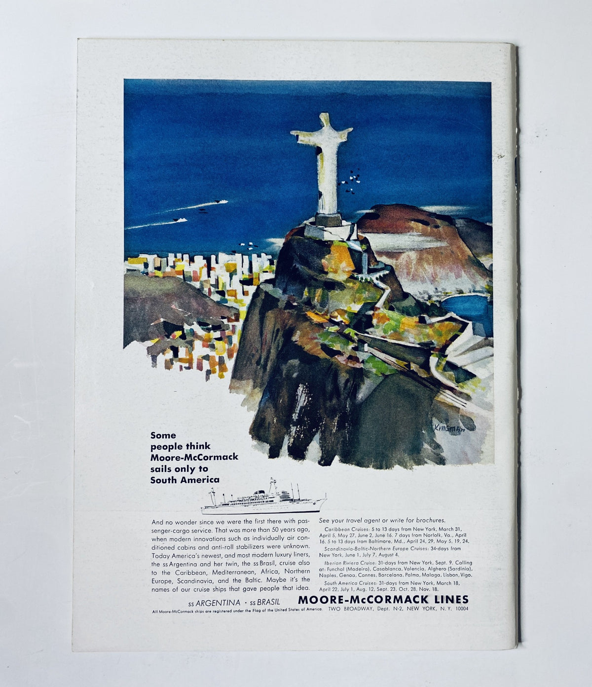 Advertisement from The New Yorker Magazine February 26, 1966 showcasing Moore-McCormack Lines with an artistic depiction of Christ the Redeemer in Rio de Janeiro, promoting travel to South America.