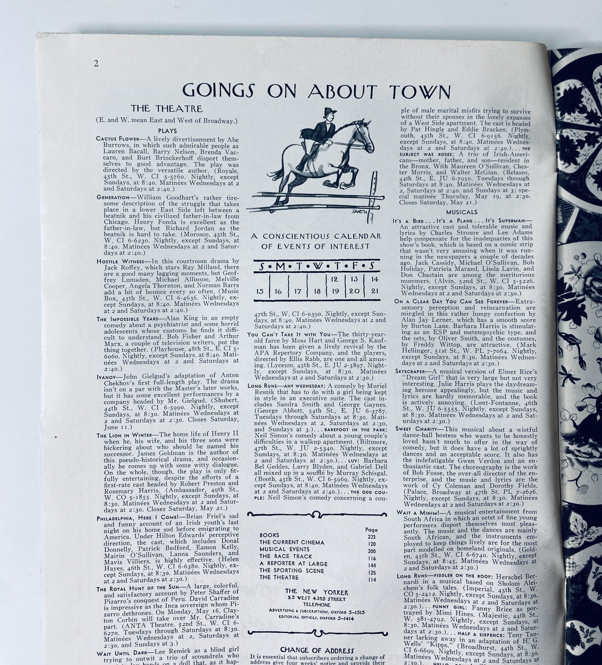 Interior page of The New Yorker Magazine May 14, 1966, displaying the 'Goings On About Town' column with listings for theatre and events detailed in classic typography.