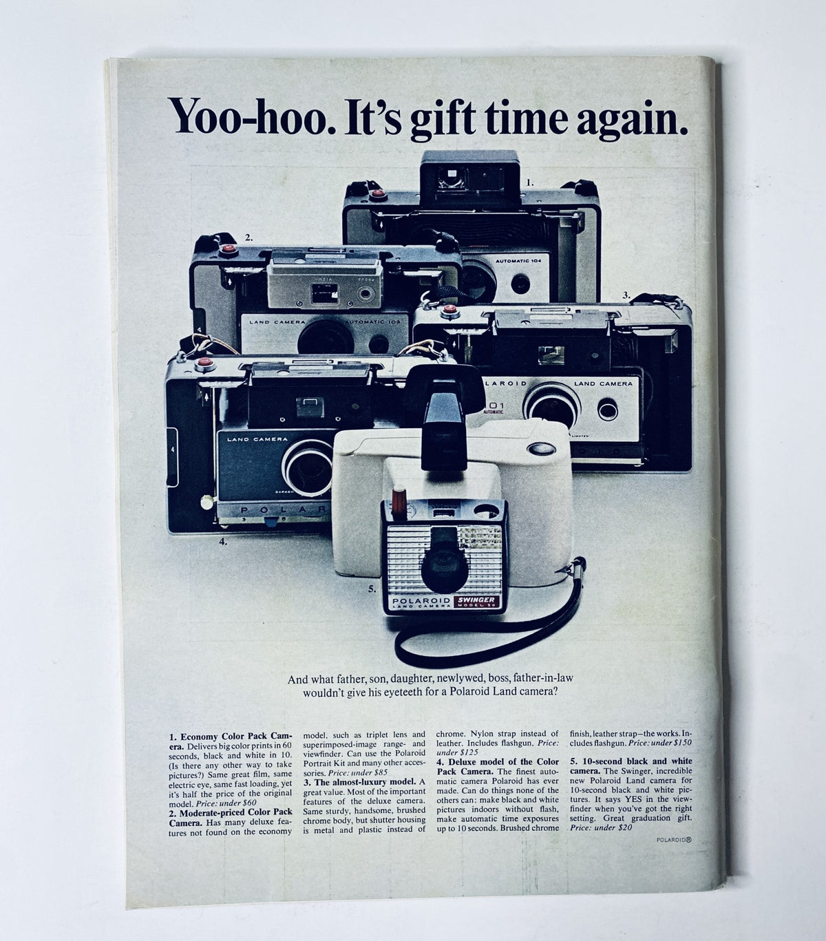 Full-page advertisement from The New Yorker Magazine May 14, 1966, promoting Polaroid cameras with a playful tagline, featuring various camera models arranged creatively.