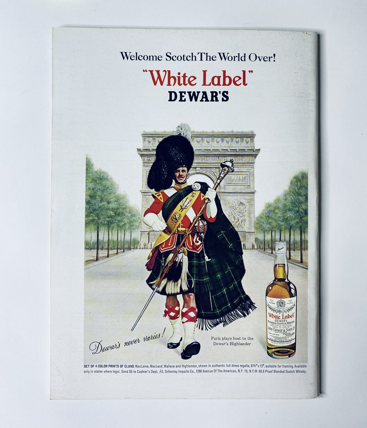 Advertisement page from The New Yorker Magazine February 12, 1966 for Dewar's White Label Scotch, illustrating a Scottish piper.