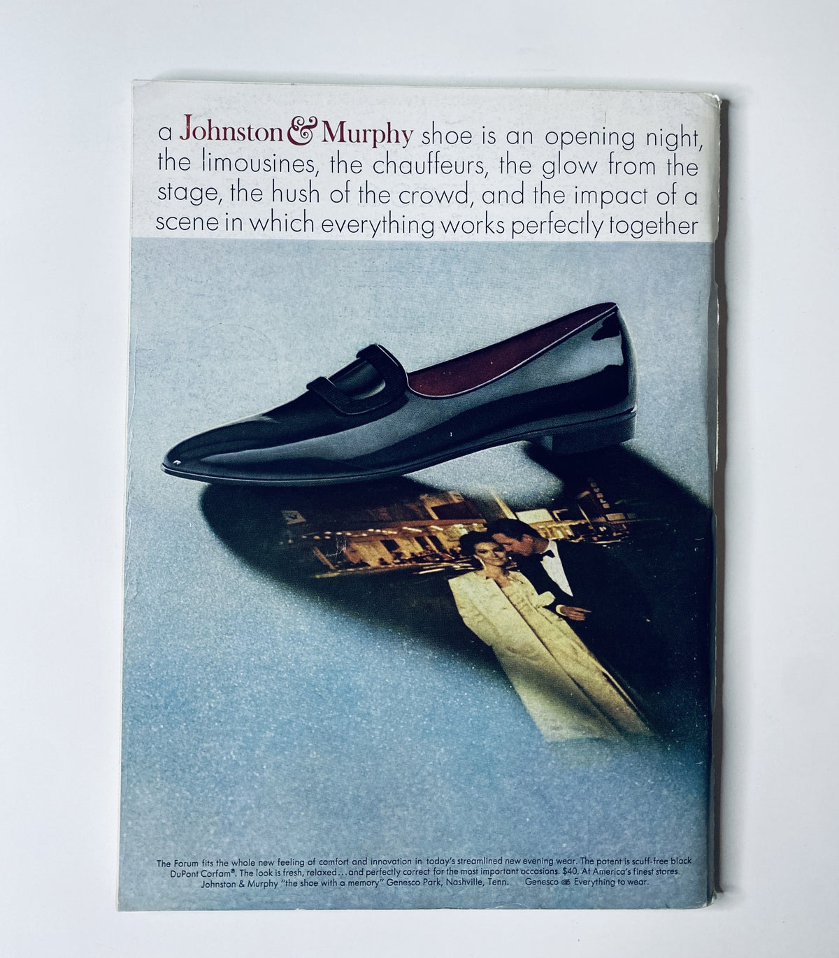 Advertisement for Johnston & Murphy shoes in The New Yorker Magazine December 3, 1966, highlighting a stylish shoe with a theatrical theme.