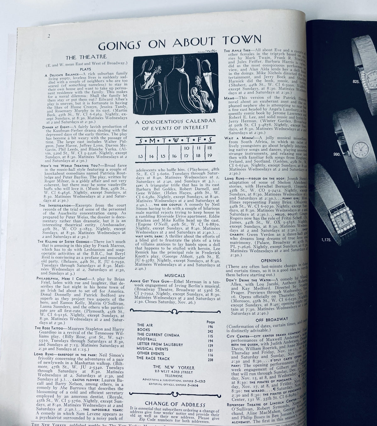 Interior page of The New Yorker Magazine November 12, 1966 Goings On About Town section detailing various events, including plays, musicals, and a calendar of events of interest.