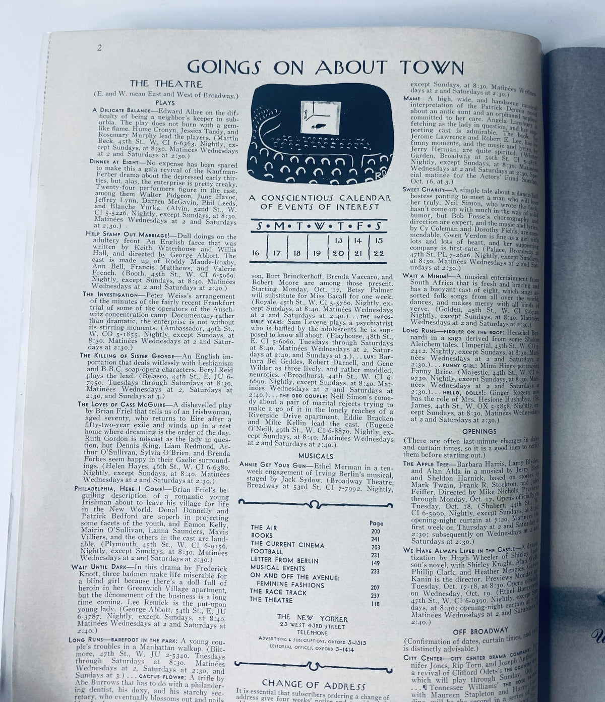 Goings on About Town section from The New Yorker Magazine October 15, 1966 featuring a calendar of events of interest, highlighting theatre and current cinema.