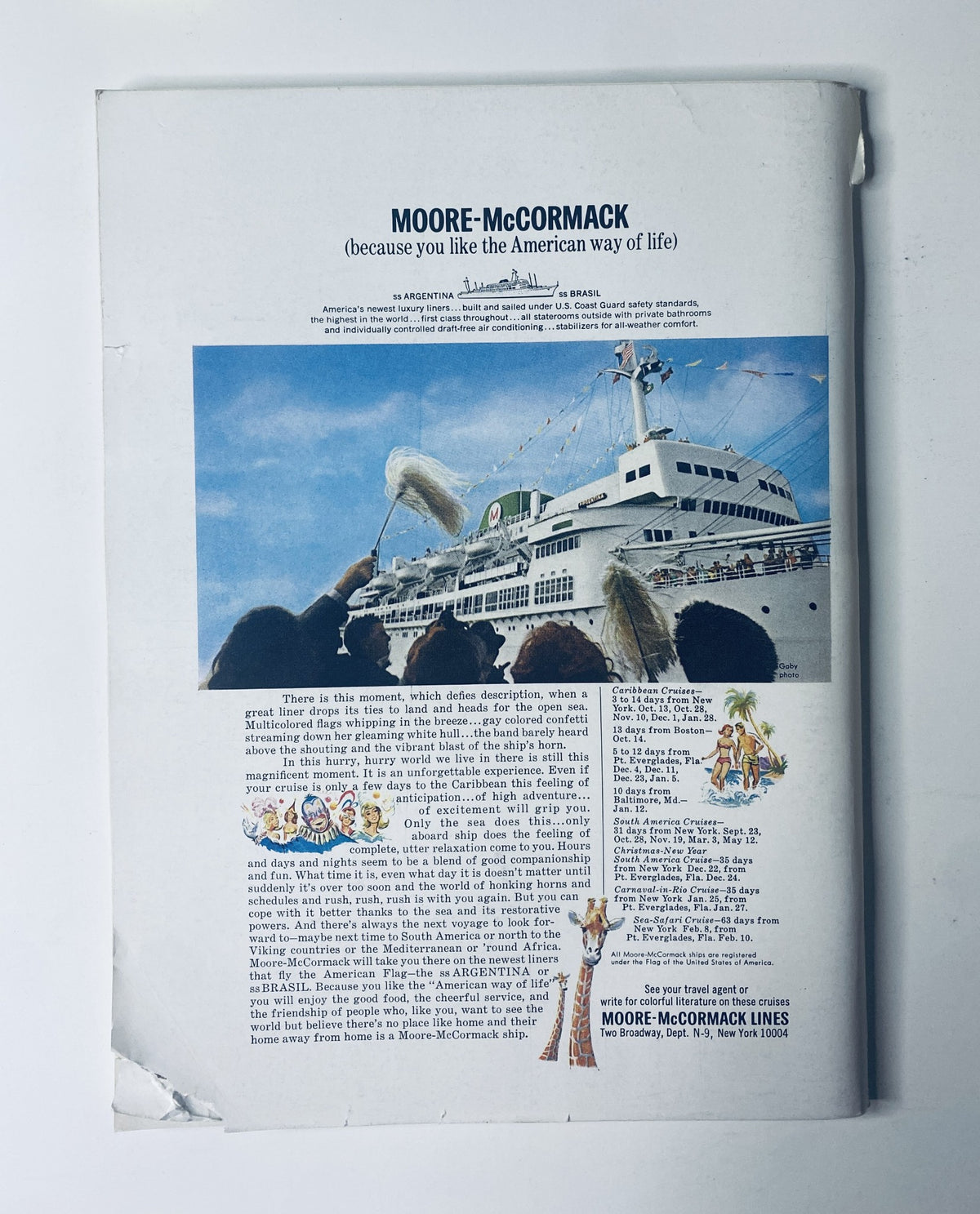 Advertisement for Moore-McCormack Lines featuring a cruise ship, showcasing a joyful scene representative of American lifestyle. Accompanying text describes travel experiences, highlighted in The New Yorker Magazine from September 10, 1966, known for its Abe Birnbaum owl cover.