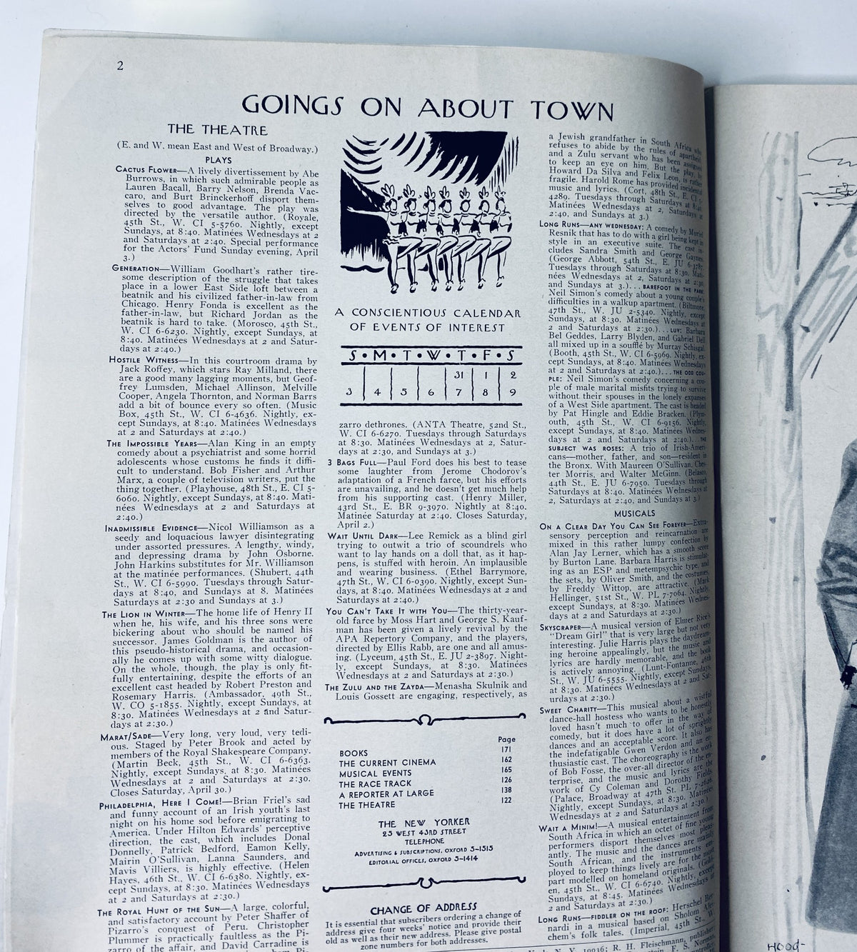Image from The New Yorker Magazine April 2, 1966 showing a theatre events calendar with listed performances, highlighting cultural happenings in the city.