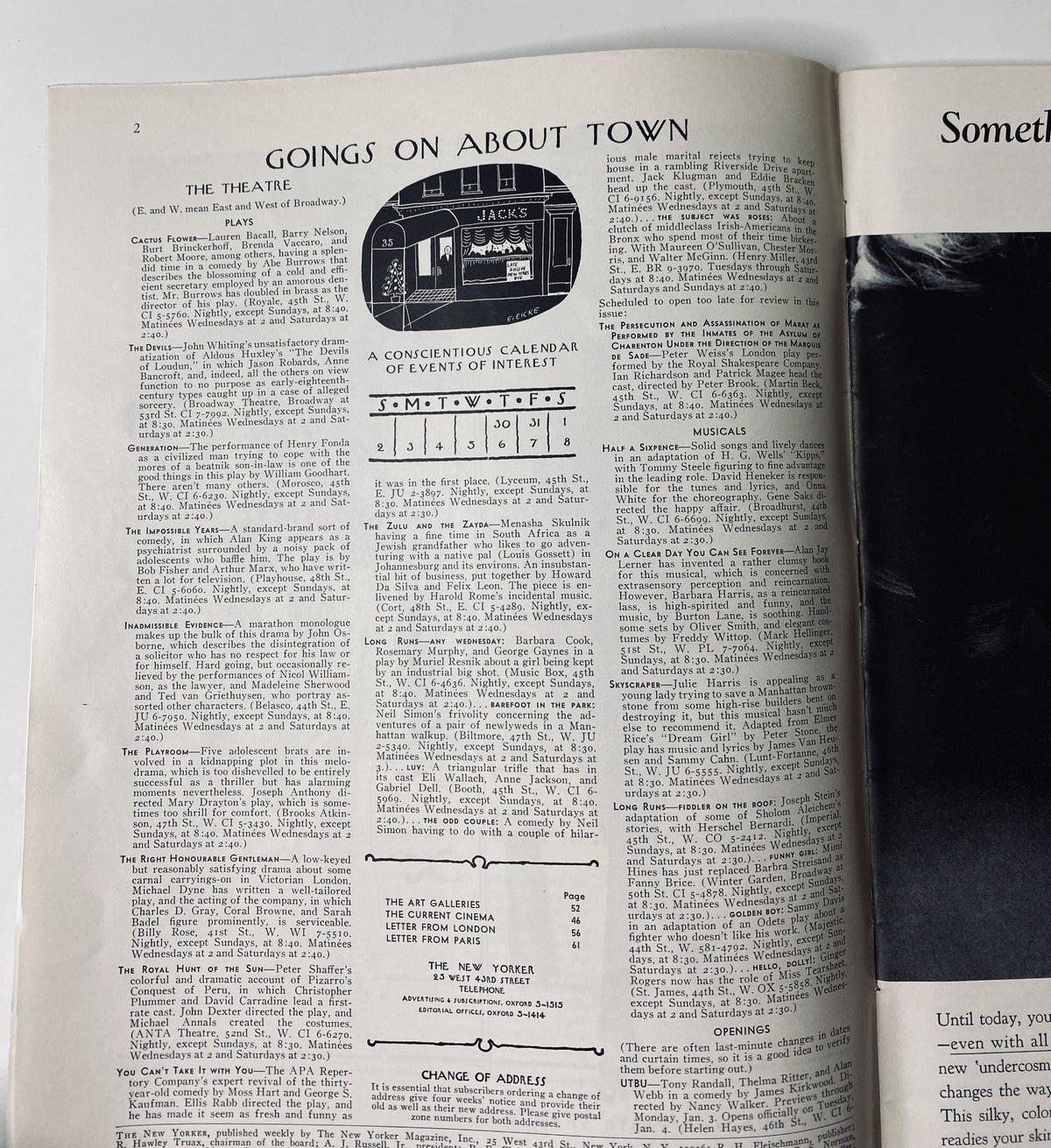 Inside page of The New Yorker Magazine January 1, 1966, displaying the 'Goings On About Town' section, including a calendar of events and listings.