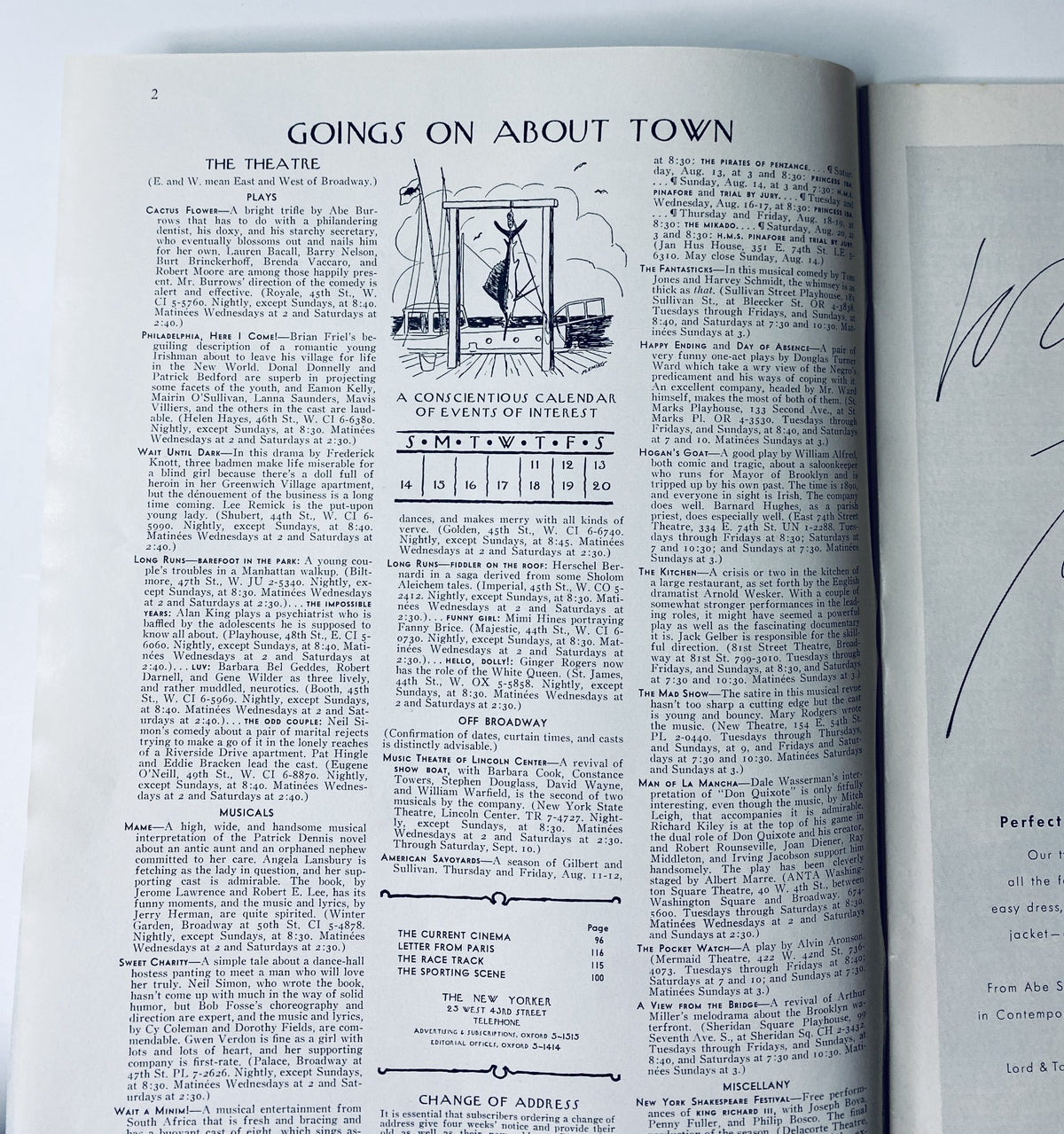 Inside page of The New Yorker magazine August 13, 1966, showcasing the 'Goings On About Town' section, highlighting New York City events.