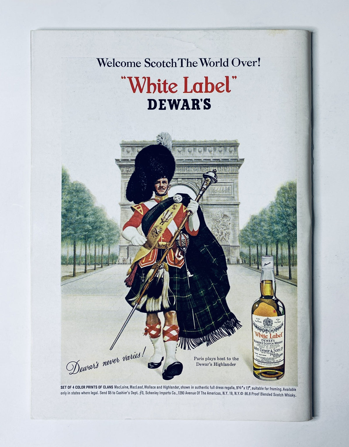 Vintage advertisement for Dewar's White Label Scotch featuring a Highlander in traditional Scottish attire. The promotional material showcases the iconic image alongside the bottle of Dewar's Scotch, appealing to connoisseurs of fine spirits. The ad includes the phrase 'Welcome Scotch The World Over!' with a historic monument in the background.