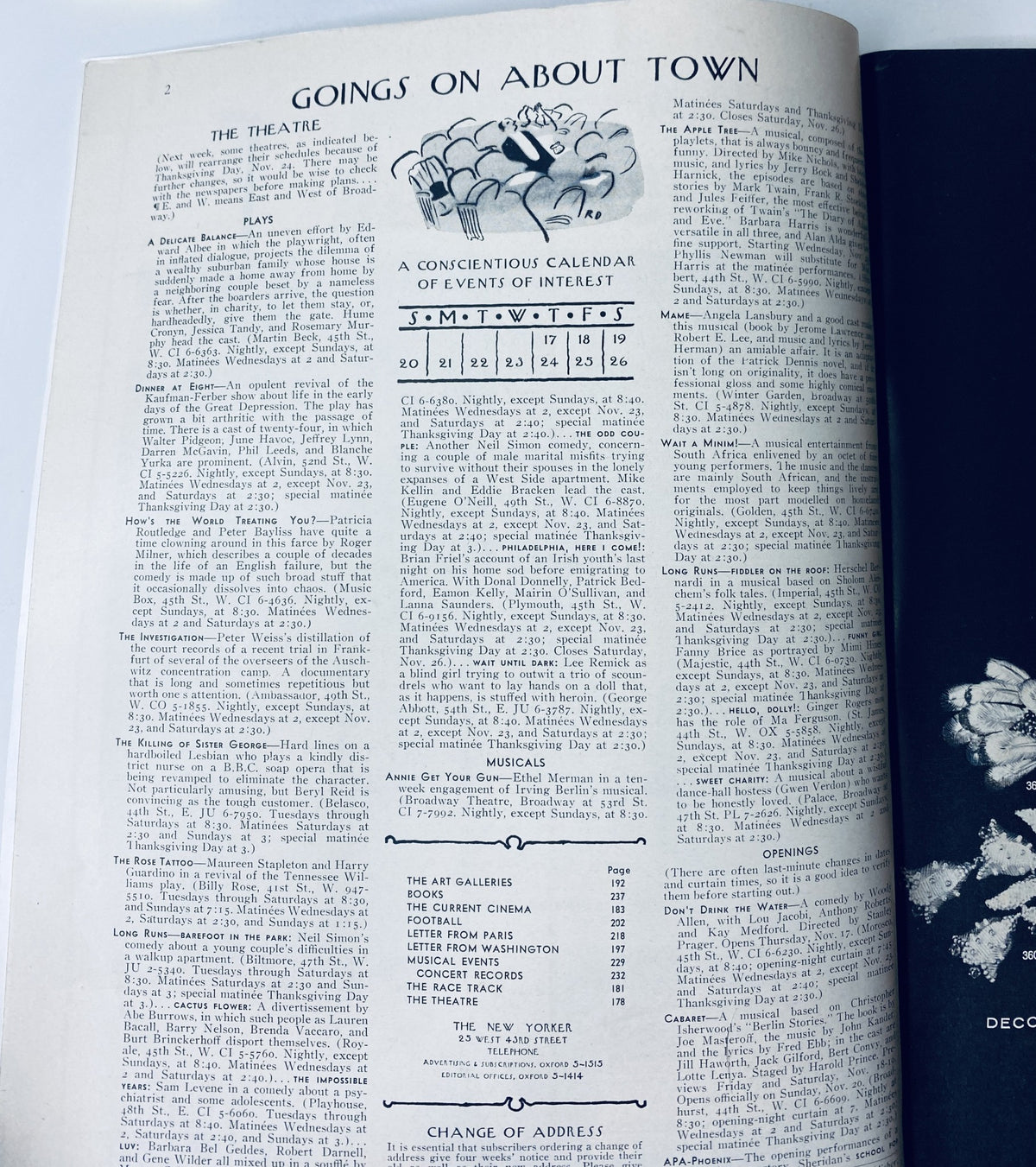 Interior page of The New Yorker Magazine November 19, 1966, displaying the 'Goings On About Town' section with events of interest and cultural happenings.