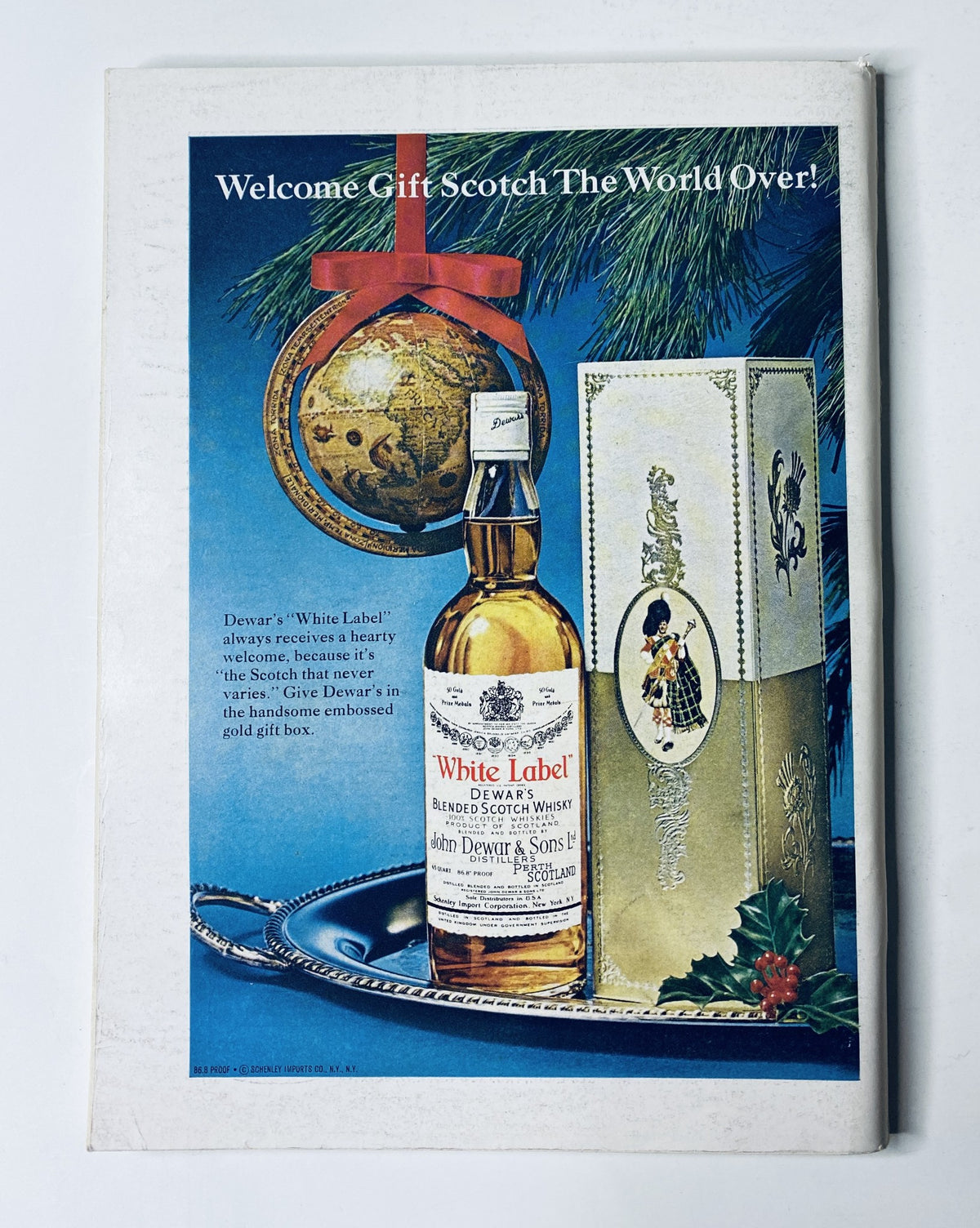 The New Yorker Magazine November 5, 1966 advertisement for Dewar's White Label Scotch, showcasing the product in a festive setting with a global theme, promoting gift options.