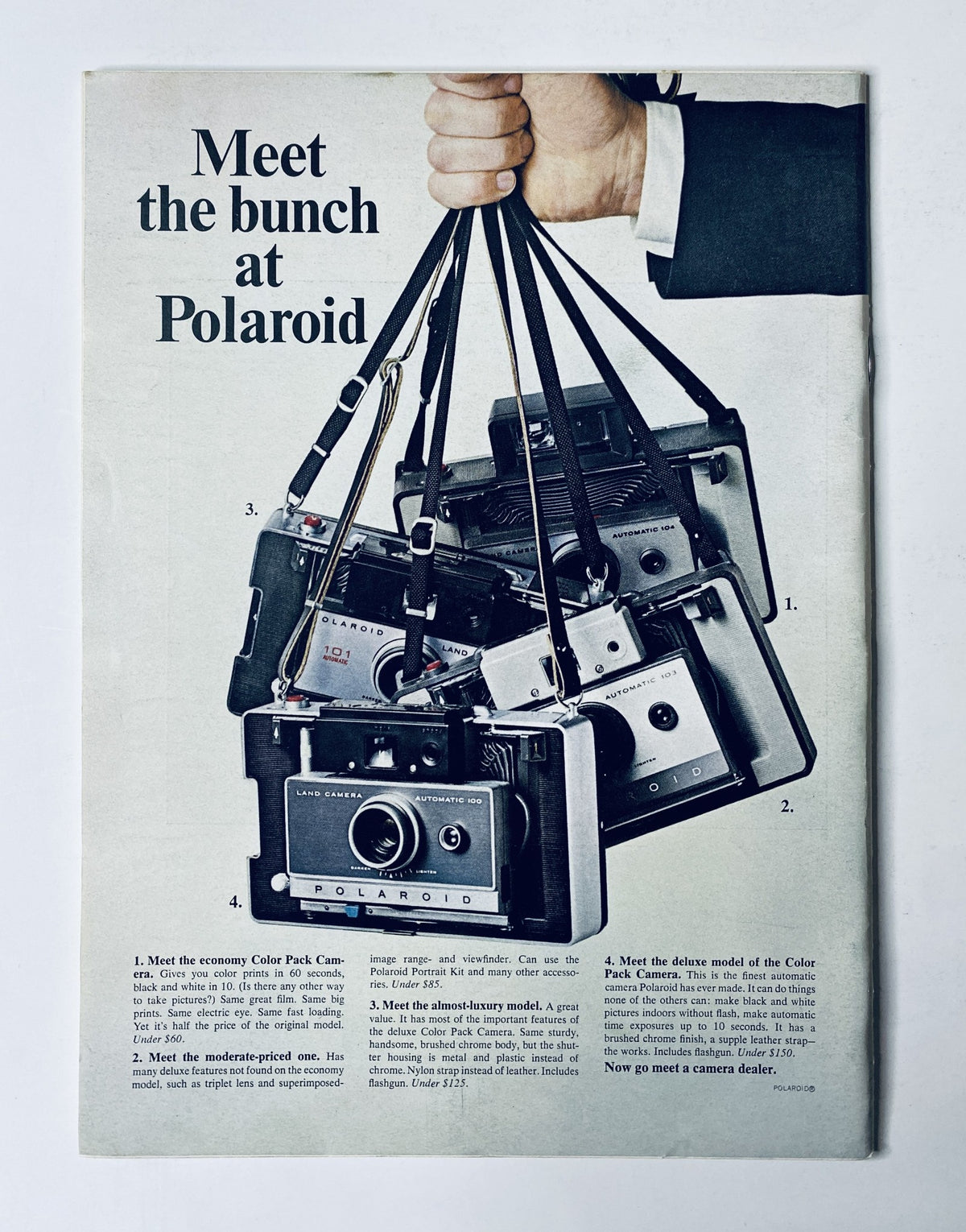 Advertisement in The New Yorker Magazine July 9, 1966, showcasing various Polaroid cameras, emphasizing their features and inviting readers to meet the latest models.