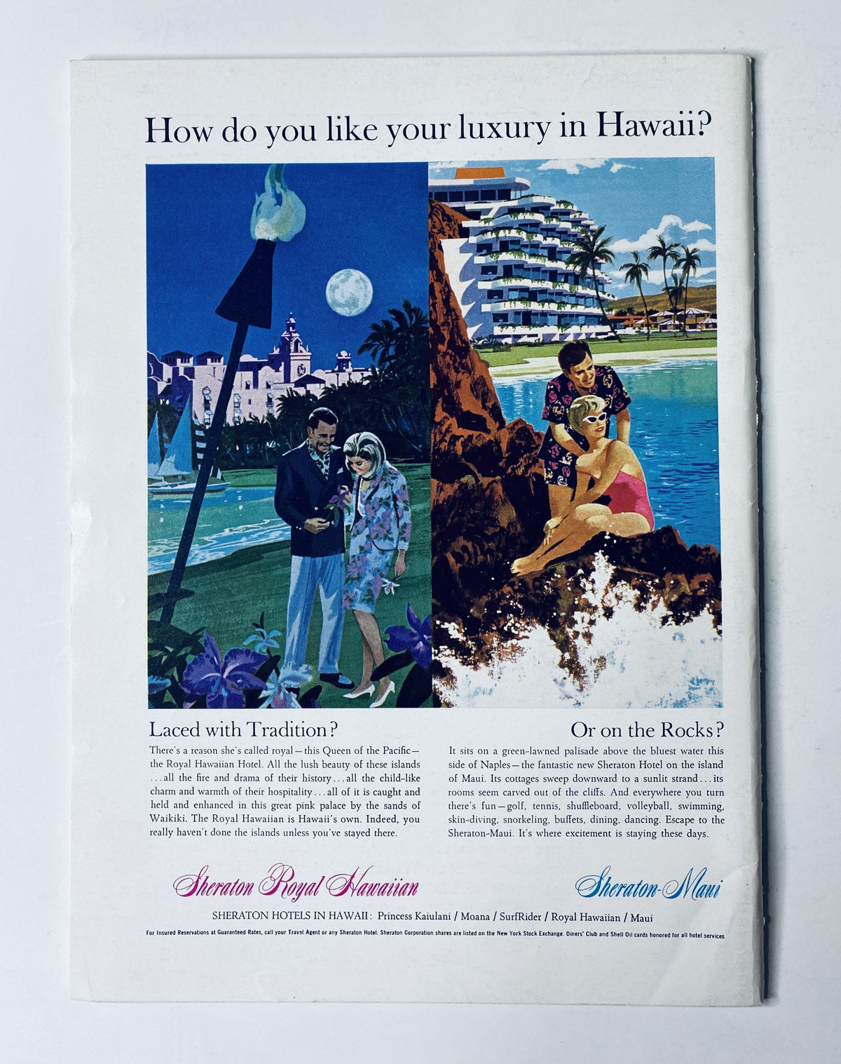 Advertisement page from The New Yorker Magazine July 16, 1966 promoting the Sheraton Royal Hawaiian hotel, illustrating a luxurious tropical setting in Hawaii.