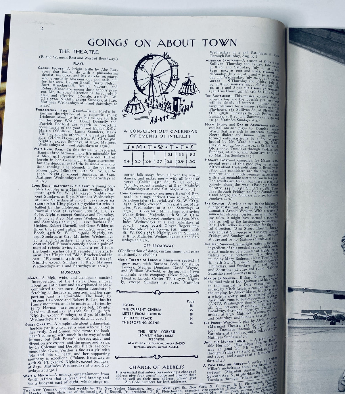 Interior page of The New Yorker Magazine July 23, 1966, titled 'Goings On About Town', listing a calendar of events and activities, with a focus on the vibrant cultural scene.