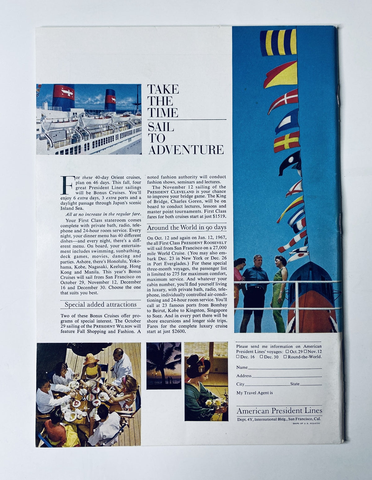 Vintage advertisement for American President Lines featuring a colorful cruise ship scene. The ad encourages travel with the slogan 'Take the Time, Sail to Adventure'. It showcases people on deck and vibrant flags, relating to The New Yorker Magazine July 23, 1966 Saul Steinberg Artist Windmill Cover.