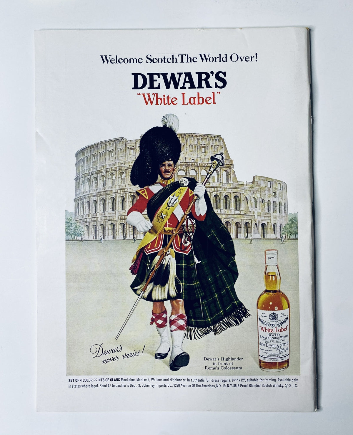 Back cover of The New Yorker Magazine July 30, 1966, advertising Dewar's White Label Scotch whisky. The illustration depicts a Scottish bagpiper in traditional attire near the Colosseum, promoting the beverage.