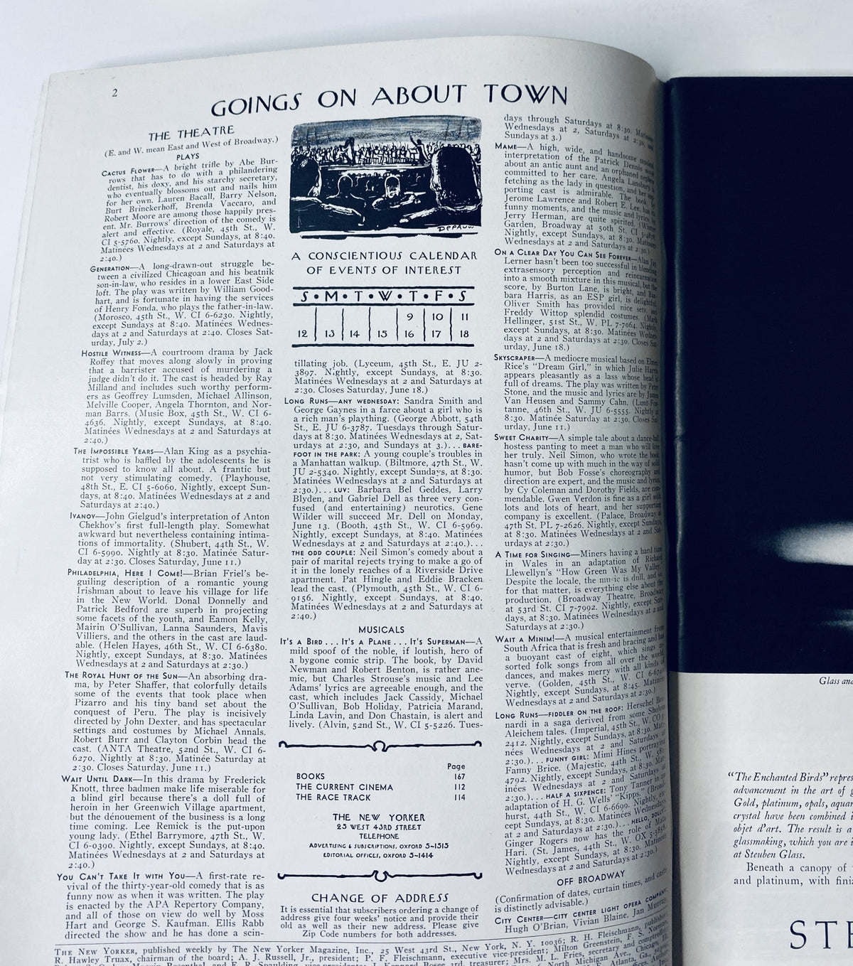 Inside page of The New Yorker Magazine from June 11, 1966, displaying a calendar of events and features related to theatre and entertainment.