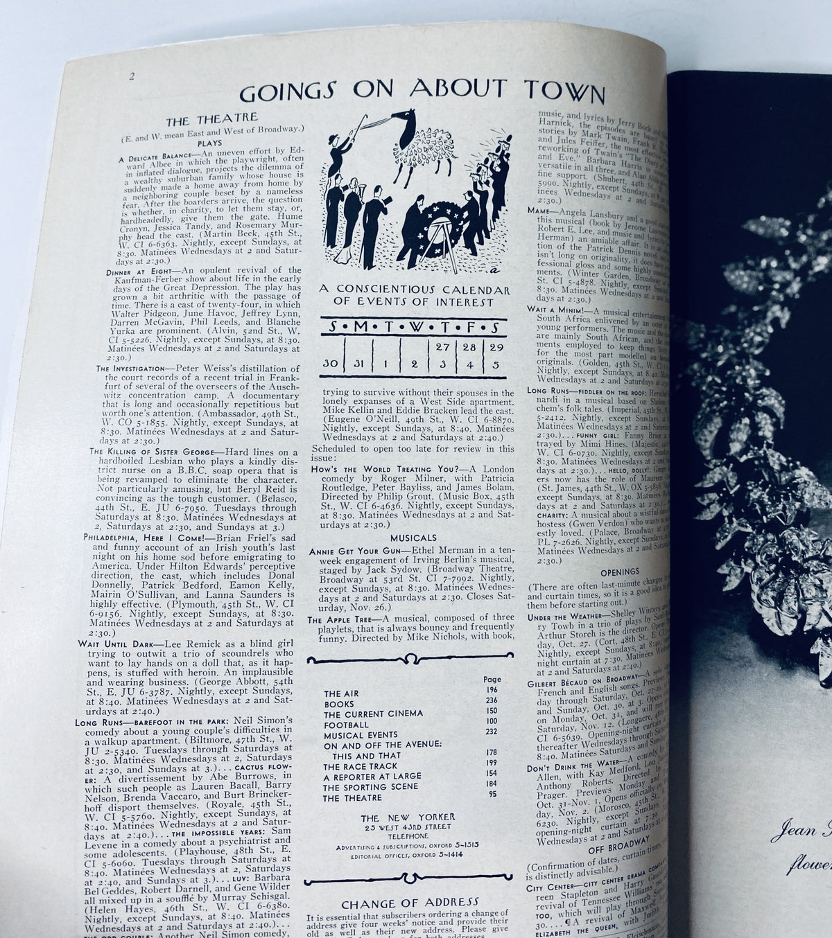 Editorial page from The New Yorker Magazine October 29, 1966 featuring events of interest and calendar, related to the Halloween Pumpkin Cover by A. Kovarsky, in very good condition.