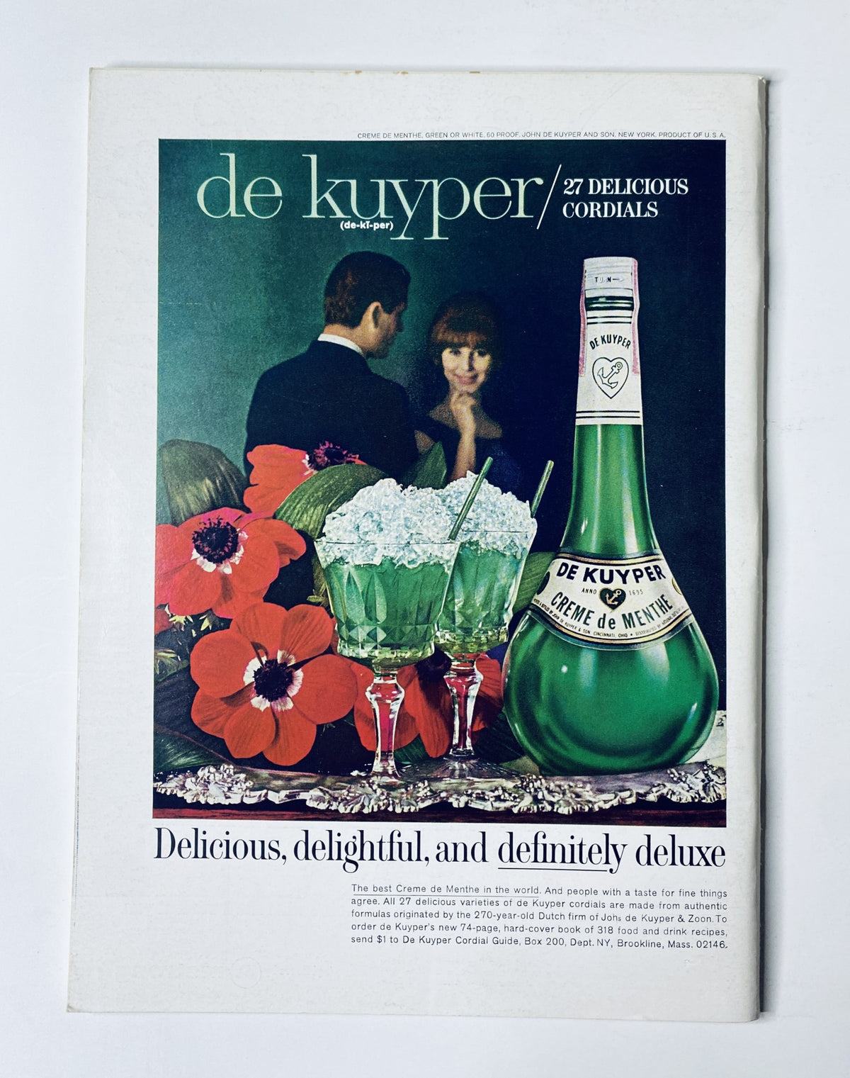 Advertisement page from The New Yorker Magazine February 5, 1966 for de kuypers cordials, illustrating a stylish couple and eye-catching drinkware.