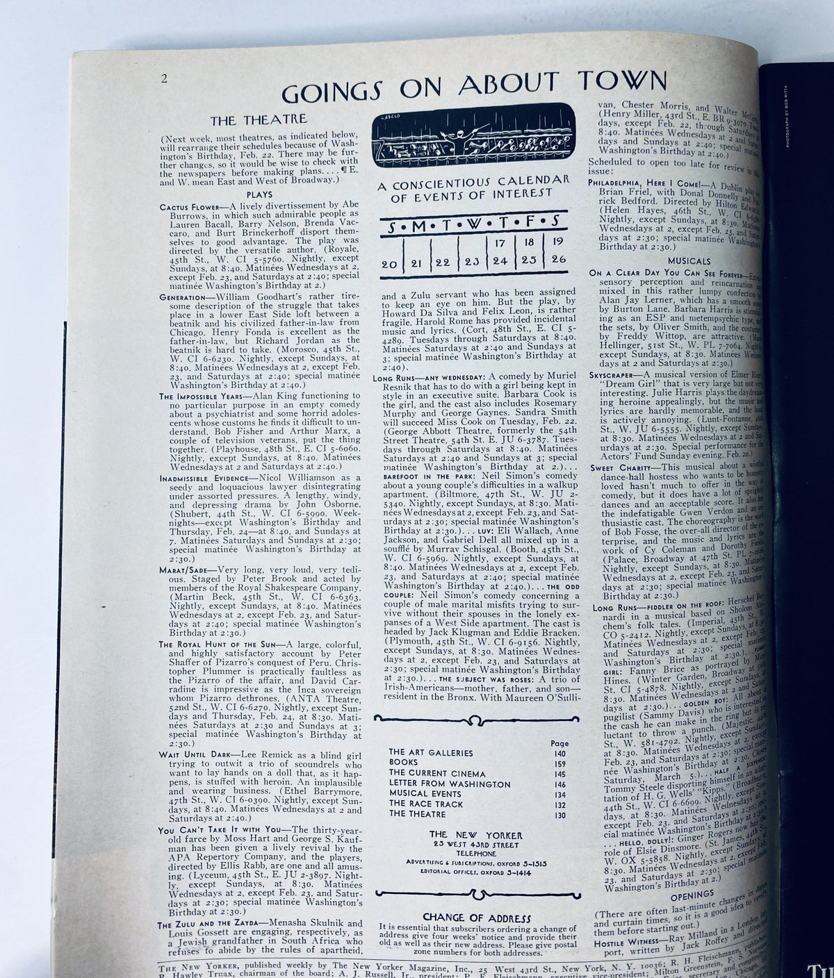 Interior page of The New Yorker Magazine, February 19, 1966, displaying the 'Goings on About Town' section, a calendar of events and activities in New York City.