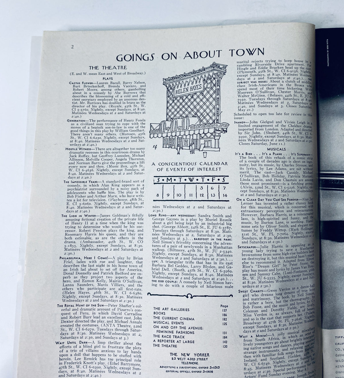Goings On About Town page from The New Yorker Magazine May 7, 1966, featuring a calendar of events and the theatre section, in very good condition with light edge wear.