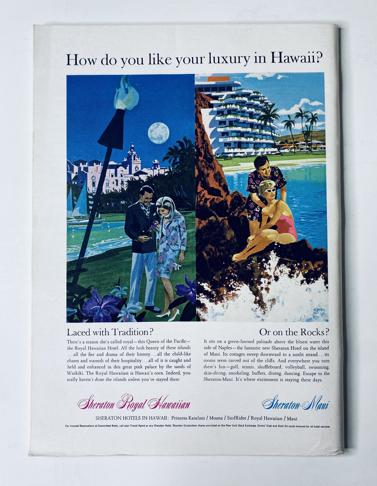 Luxury travel advertisement for Sheraton Royal Hawaiian in The New Yorker Magazine May 7, 1966, illustrating Hawaii's beauty with tropical scenes and inviting style.