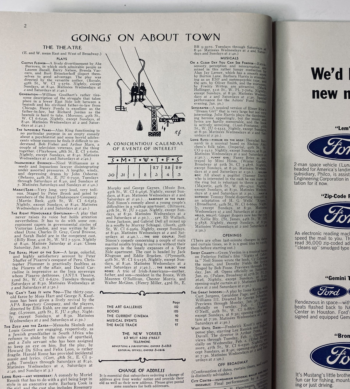 The New Yorker Magazine January 29, 1966 inside page titled 'Goings on About Town' featuring a conscientious calendar of events, highlighting cultural happenings.