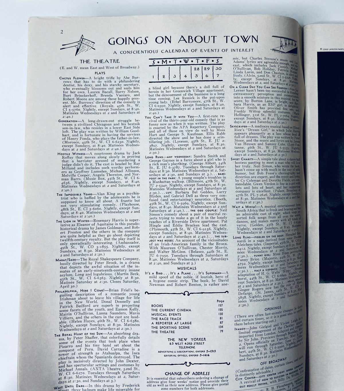 Interior page of The New Yorker Magazine from April 30, 1966 showing a calendar of events titled 'Goings On About Town'.