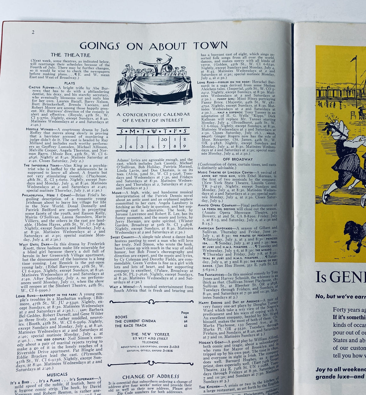 Inside page of The New Yorker Magazine July 2, 1966, featuring the section 'Goings On About Town' with a calendar of events and listings for plays and musical performances.