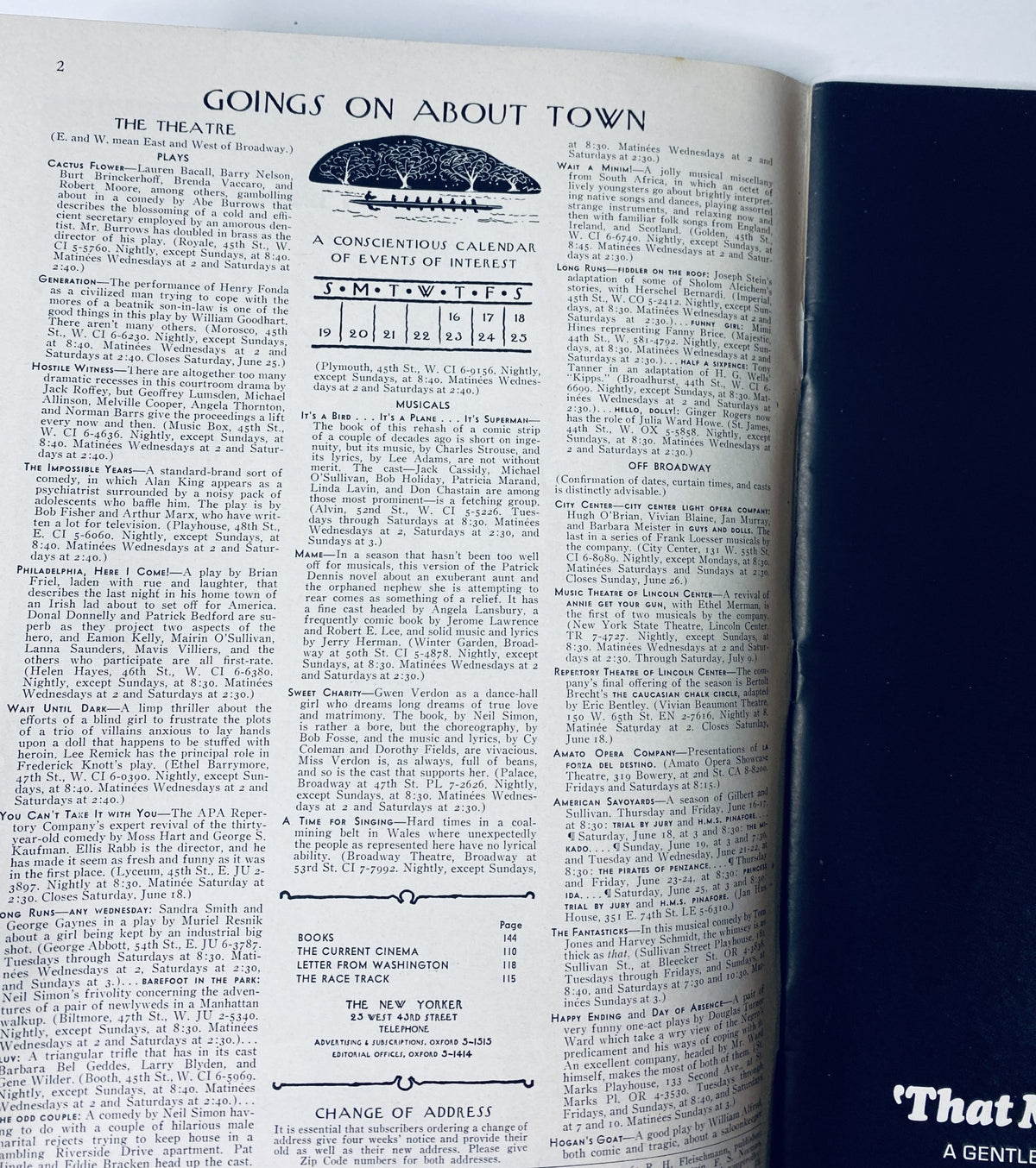 Inside page of The New Yorker Magazine, June 18, 1966, displaying a 'Goings On About Town' calendar highlighting events of interest.
