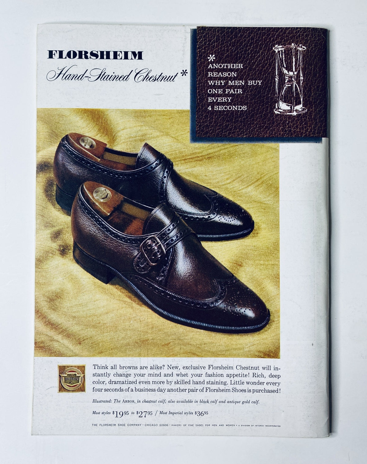 Advertisement for Florsheim shoes featured in The New Yorker Magazine September 3, 1966, highlighting the Florsheim hand-stained chestnut shoes.