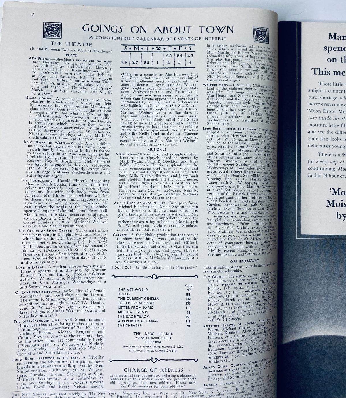 Interior page of The New Yorker Magazine February 25, 1967, showcasing the theatre events calendar along with the contents section.