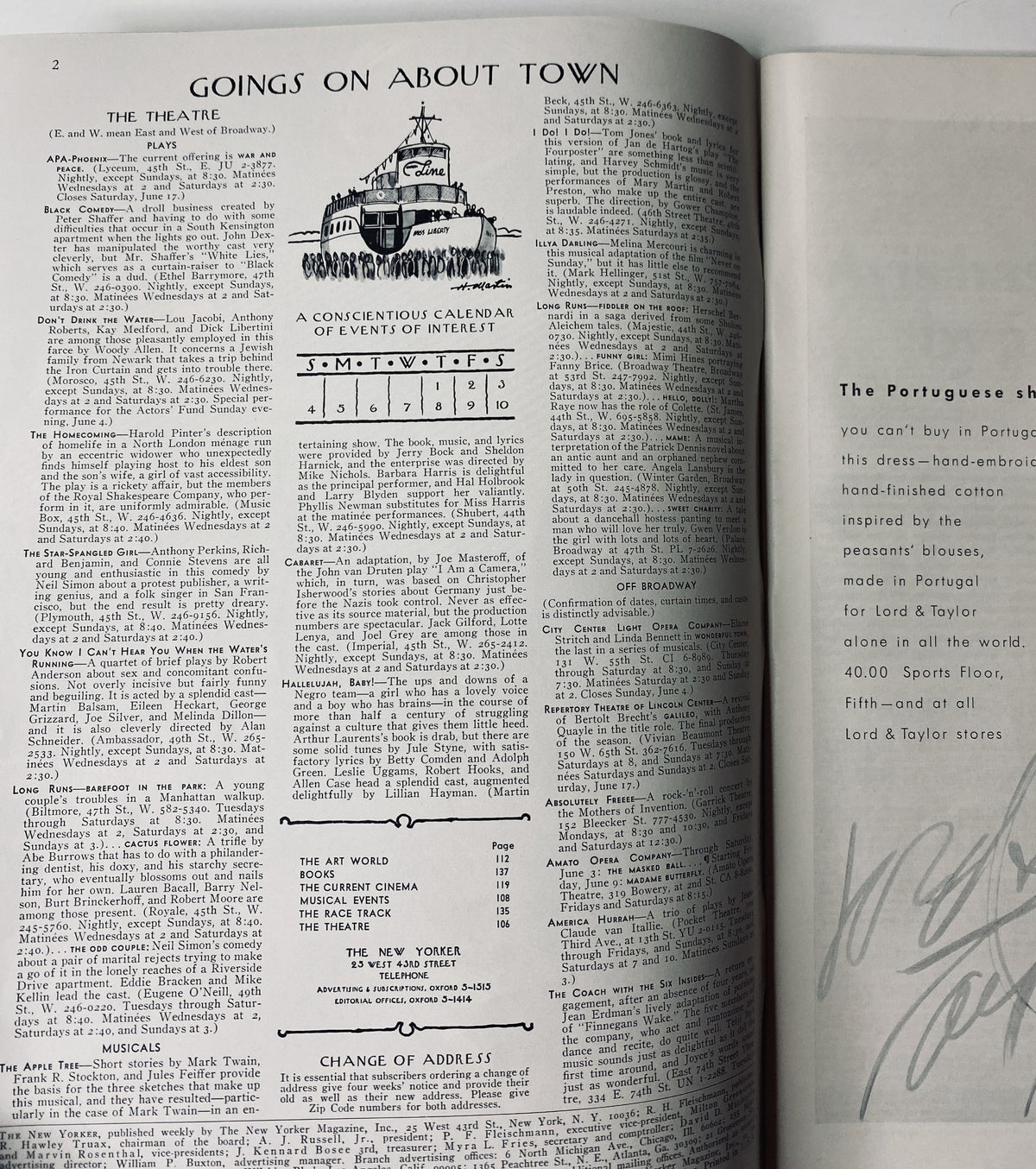 An interior page of The New Yorker Magazine dated June 3, 1967, showcasing the 'Goings On About Town' section featuring a calendar of events in New York City. The magazine is in very good condition as indicated in the details.