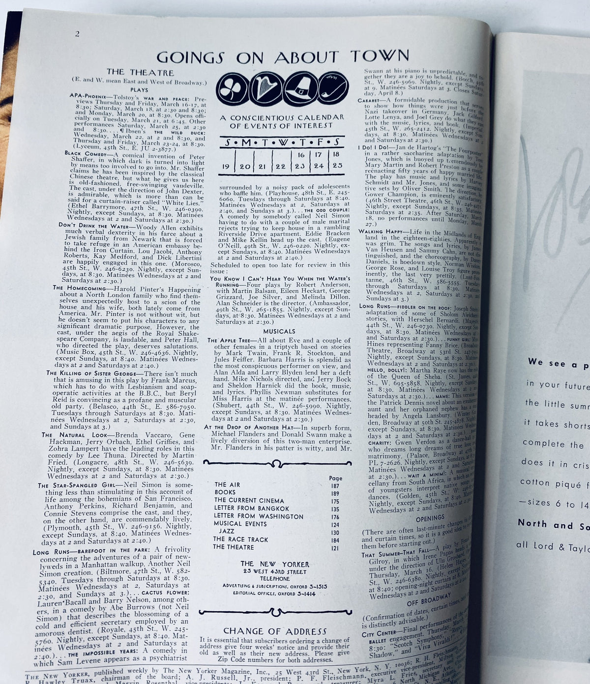 Inside page of The New Yorker Magazine March 18, 1967 displaying the 'Goings On About Town' section, showcasing a calendar of events and activities.