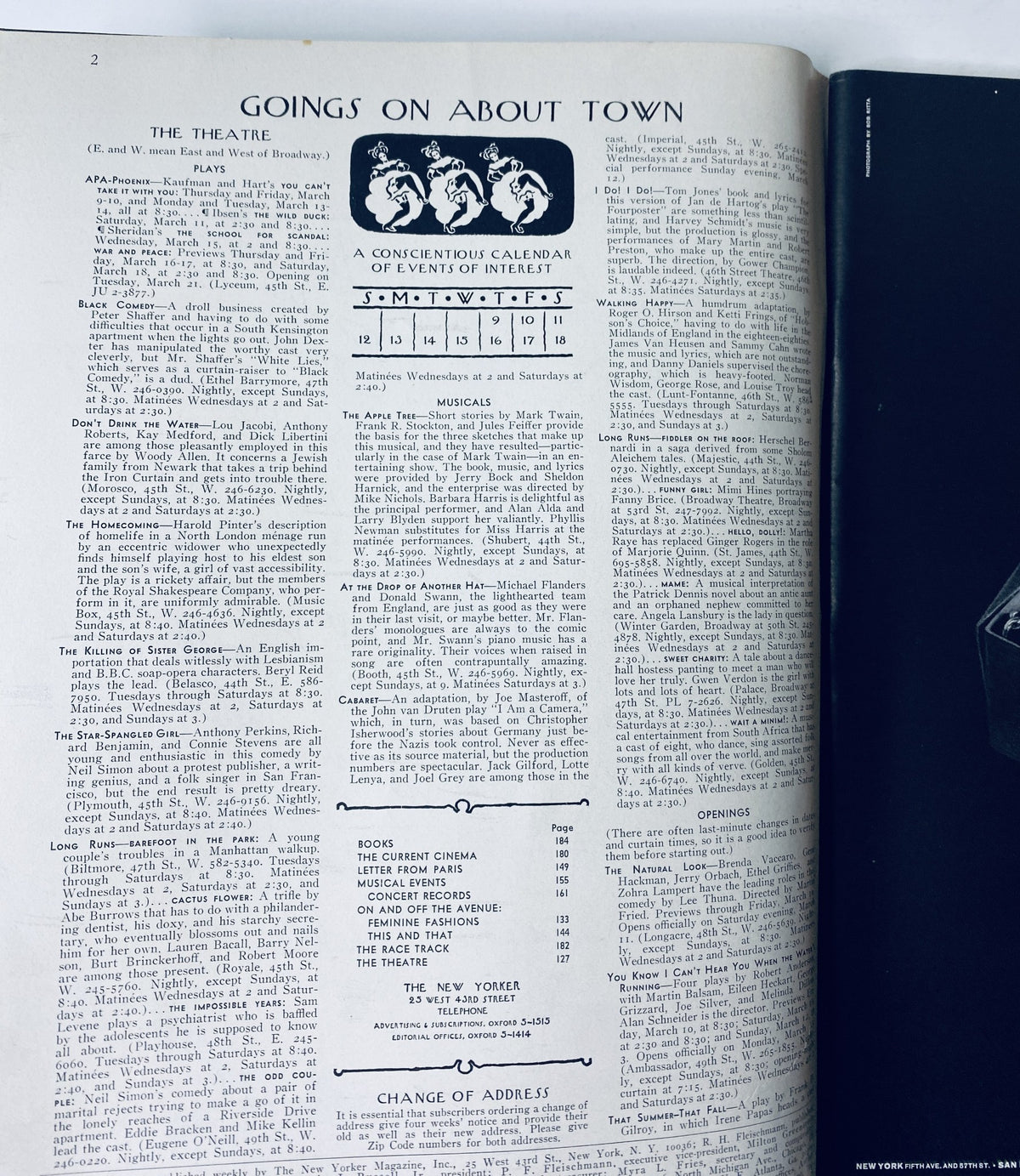 Interior page of The New Yorker Magazine, March 11, 1967, showcasing the calendar of events titled 'Goings On About Town,' listing various cultural happenings.