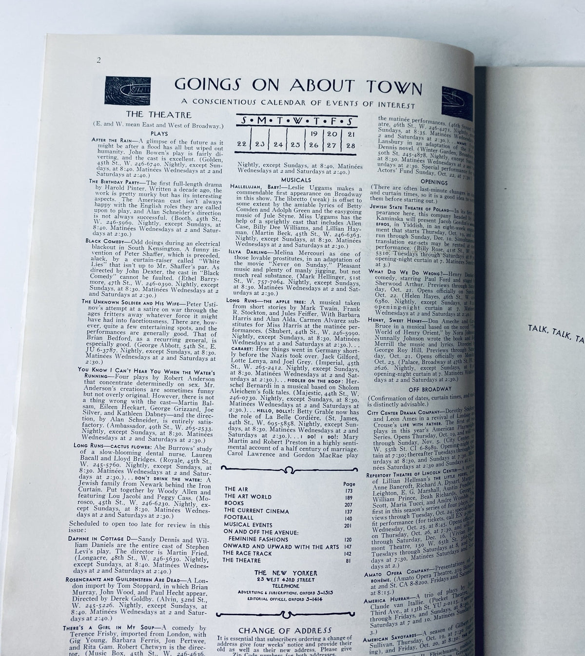 Interior page of The New Yorker Magazine October 21, 1967 listing the calendar of events under 'Goings On About Town' with details on theater and musical performances.