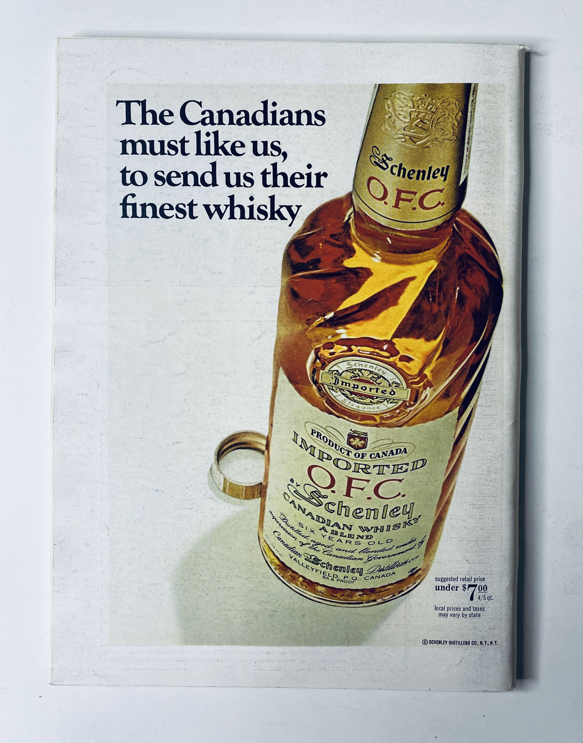 Back cover of The New Yorker Magazine October 21, 1967 advertising O.F.C. Canadian whisky, highlighting a bottle with a promotional text about Canadian quality.