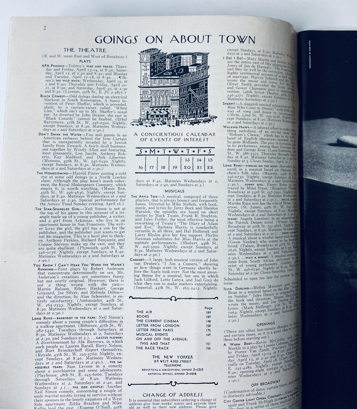 Page from The New Yorker Magazine April 15, 1967 featuring the 'Goings on About Town' section, showcasing various events of interest, in very good condition.