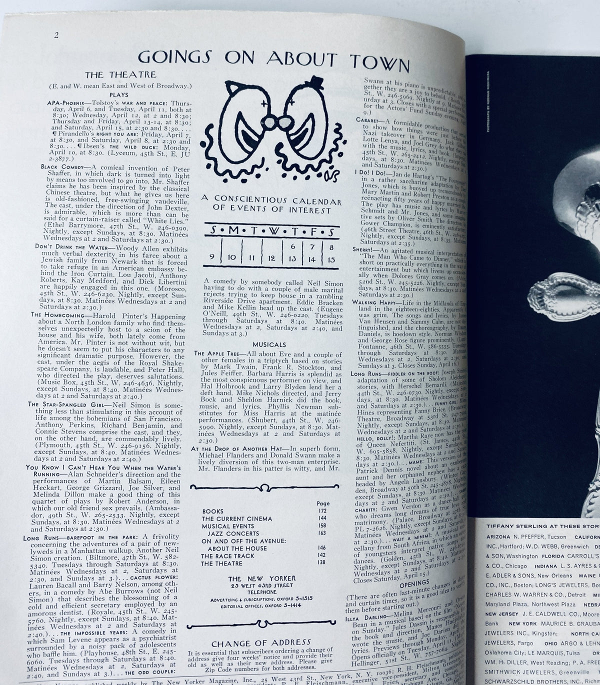 Interior page of The New Yorker Magazine April 8, 1967 listing events titled 'Goings on About Town', including a calendar of cultural activities and performances, enhancing the magazine's rich editorial content.