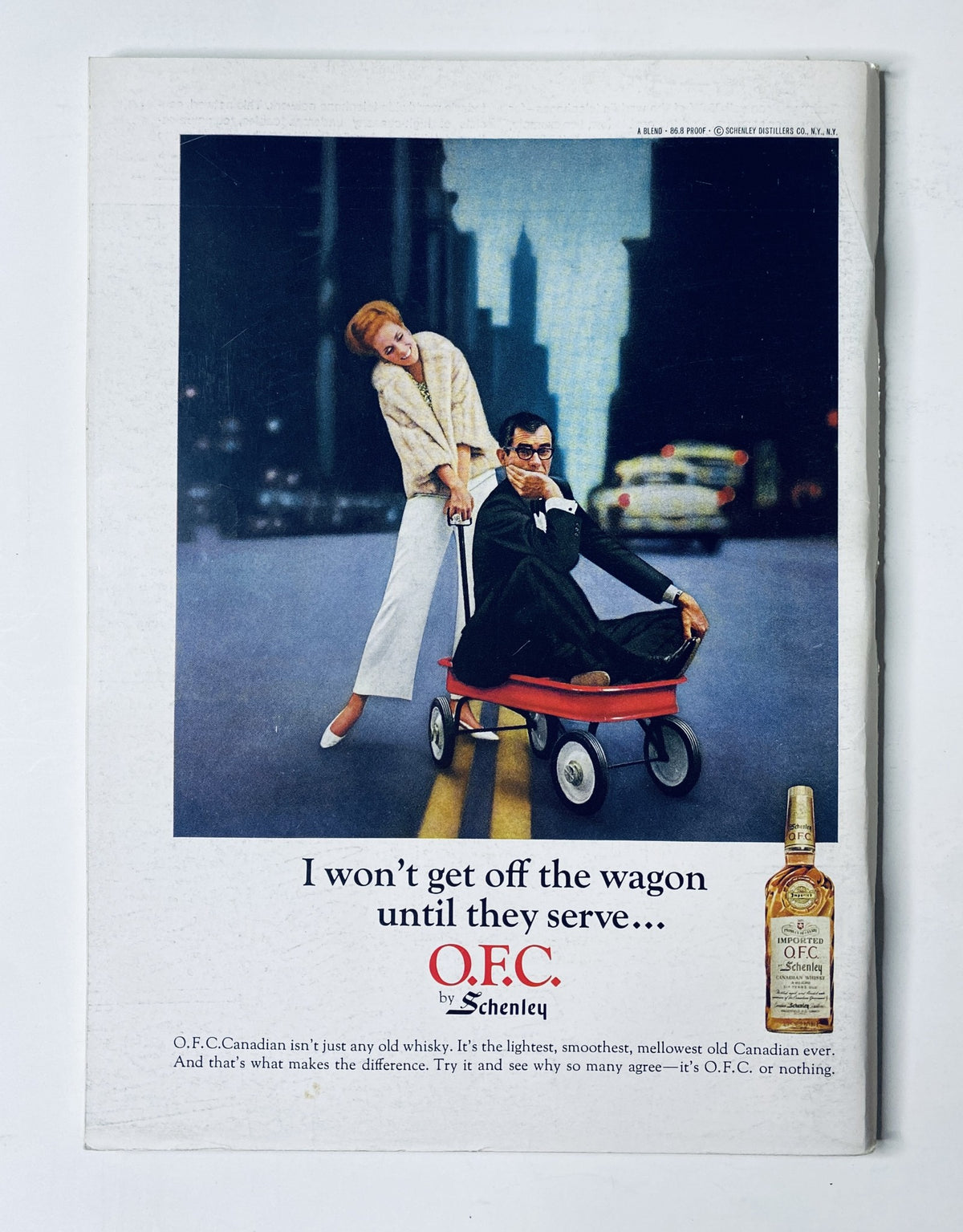 Back cover of The New Yorker Magazine April 8, 1967 featuring an advertisement for O.F.C. Canadian whisky, showcasing a stylish woman and a man in a wagon promoting the product, reflecting the era's marketing trends.