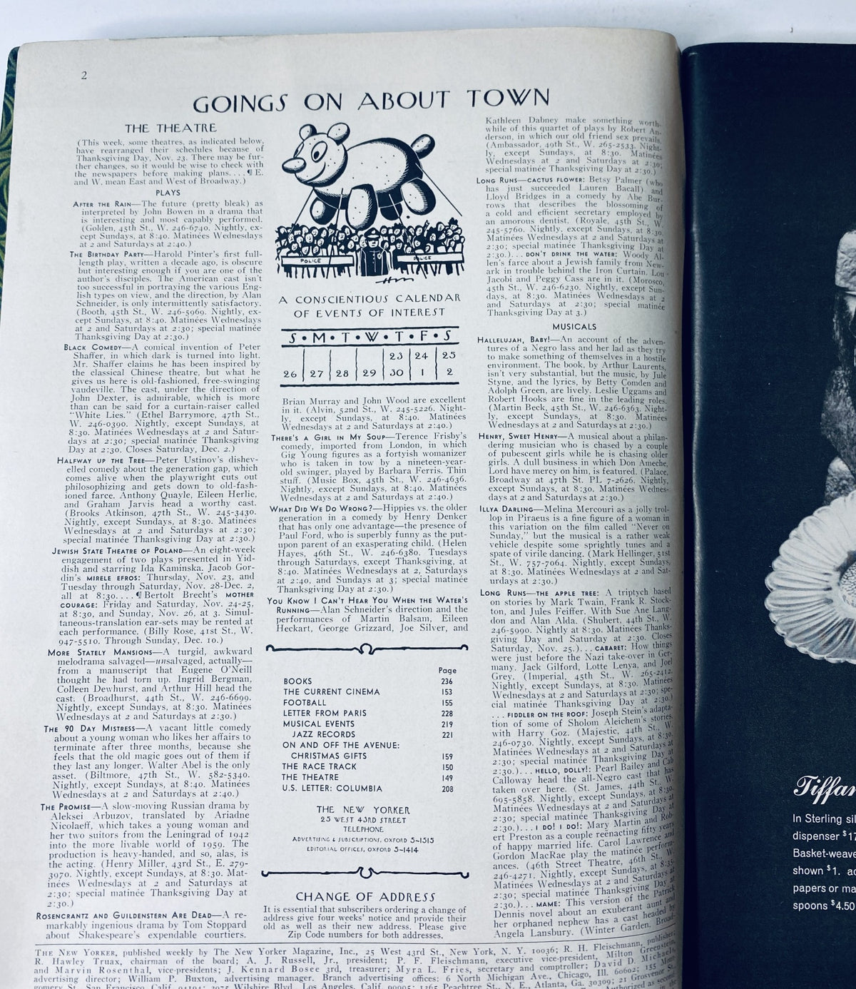 Page from The New Yorker Magazine (November 25, 1967) showcasing 'Goings On About Town' with a whimsical illustration of a bear.