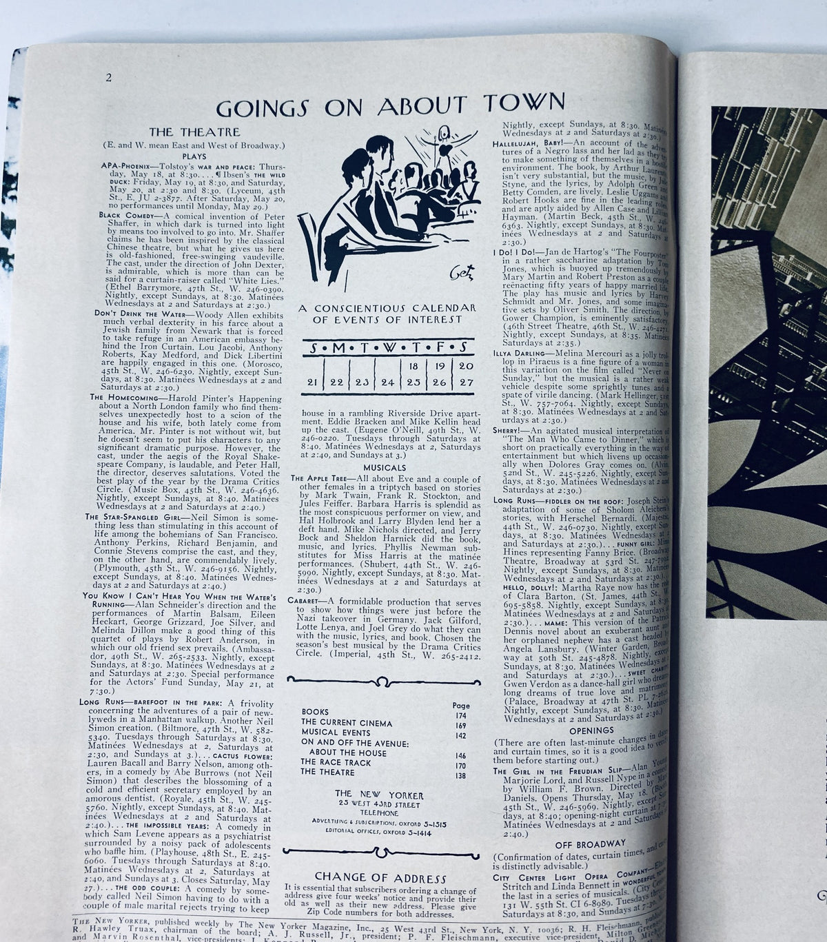 Interior page of The New Yorker Magazine from May 20, 1967, showcasing the 'Goings On About Town' section with a calendar of events and theatre listings.