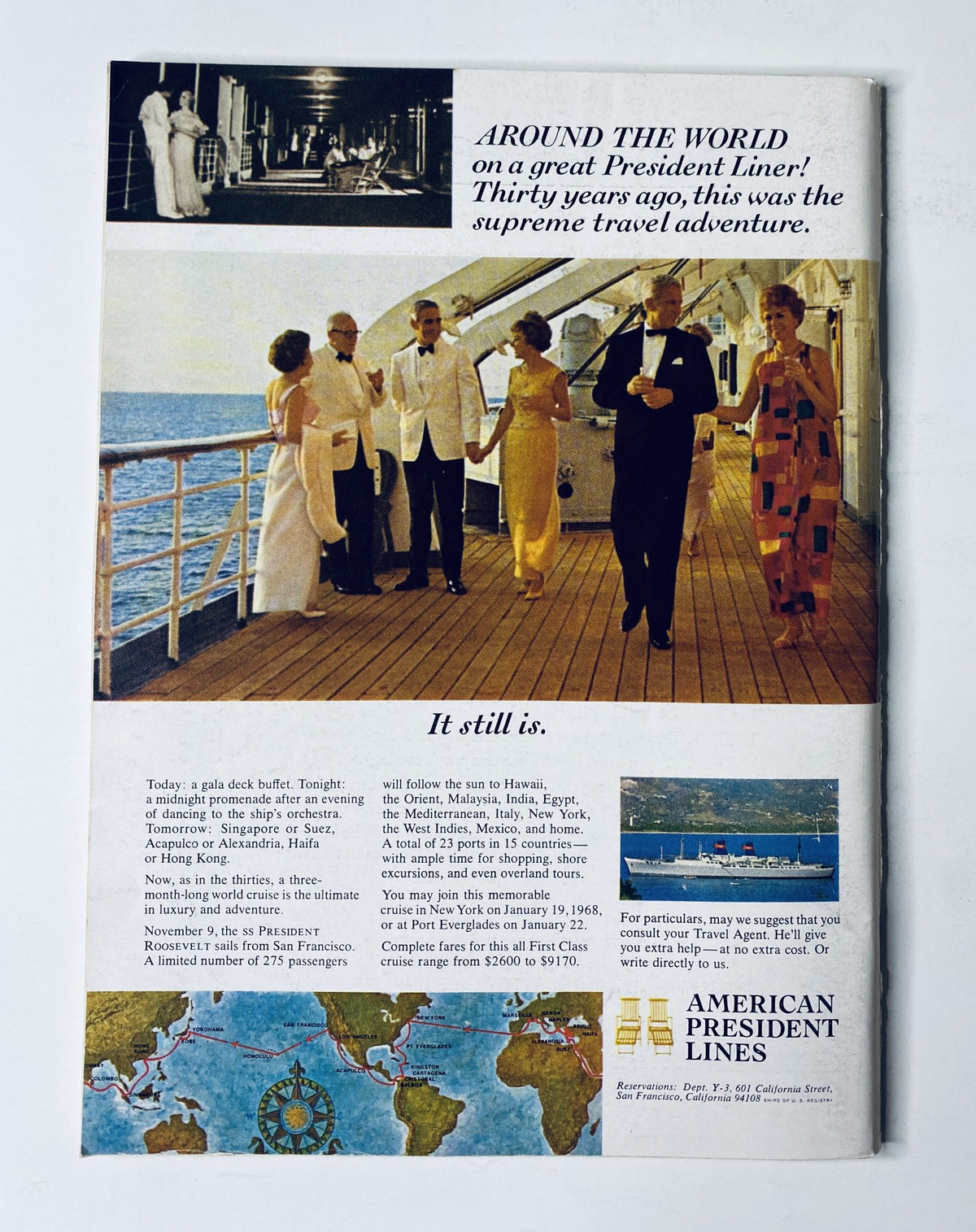 Advertisment page in The New Yorker Magazine from May 20, 1967, promoting American President Lines cruise travel with an image of patrons on a ship deck.