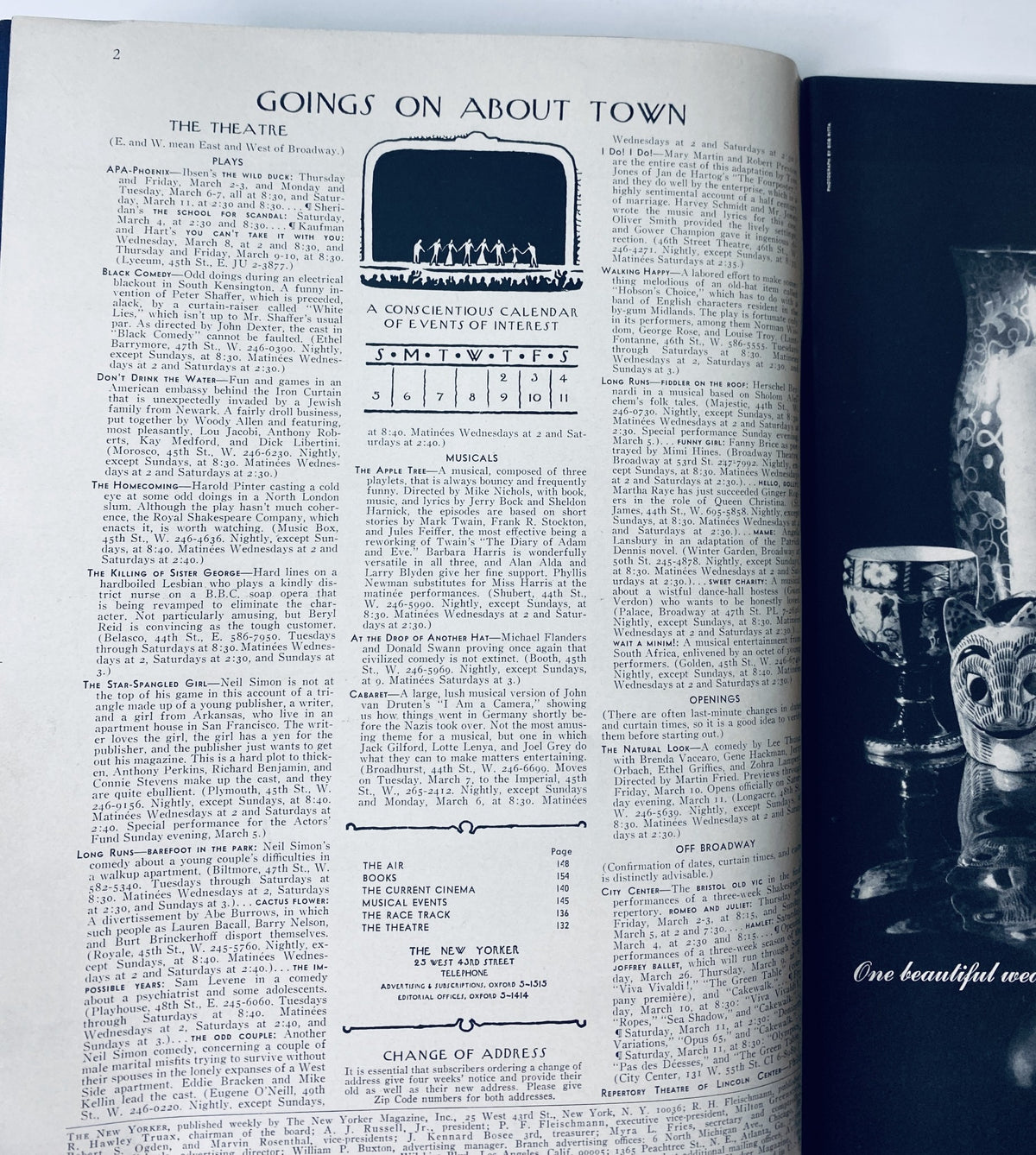 A page from The New Yorker Magazine March 4, 1967, featuring the 'Goings On About Town' section, showcasing a calendar of events in New York City theatre, presented in a vintage style.