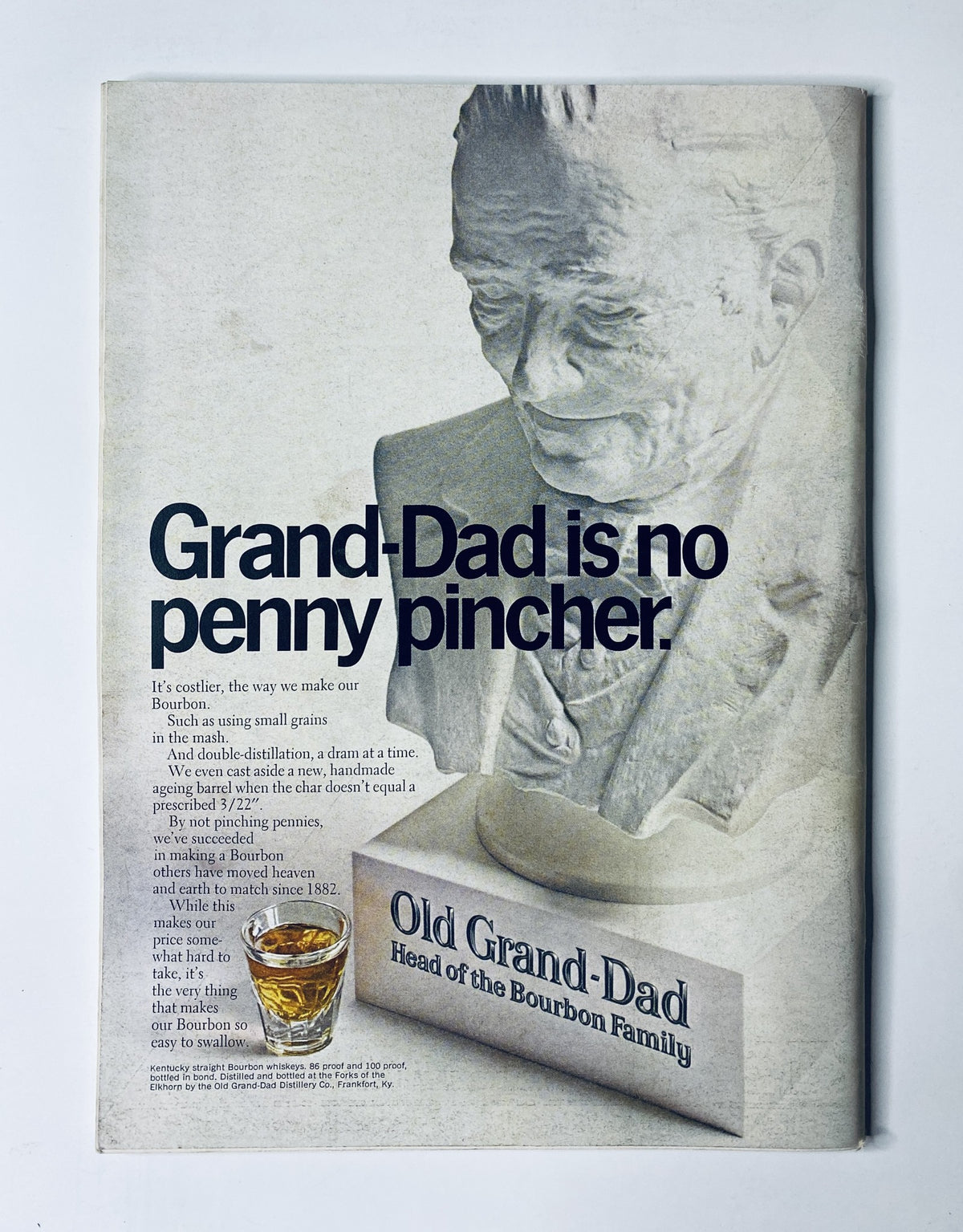 An advertisement for Old Grand-Dad bourbon from The New Yorker Magazine March 4, 1967, featuring a classic portrayal of the brand's heritage with a glass of bourbon and a detailed description.