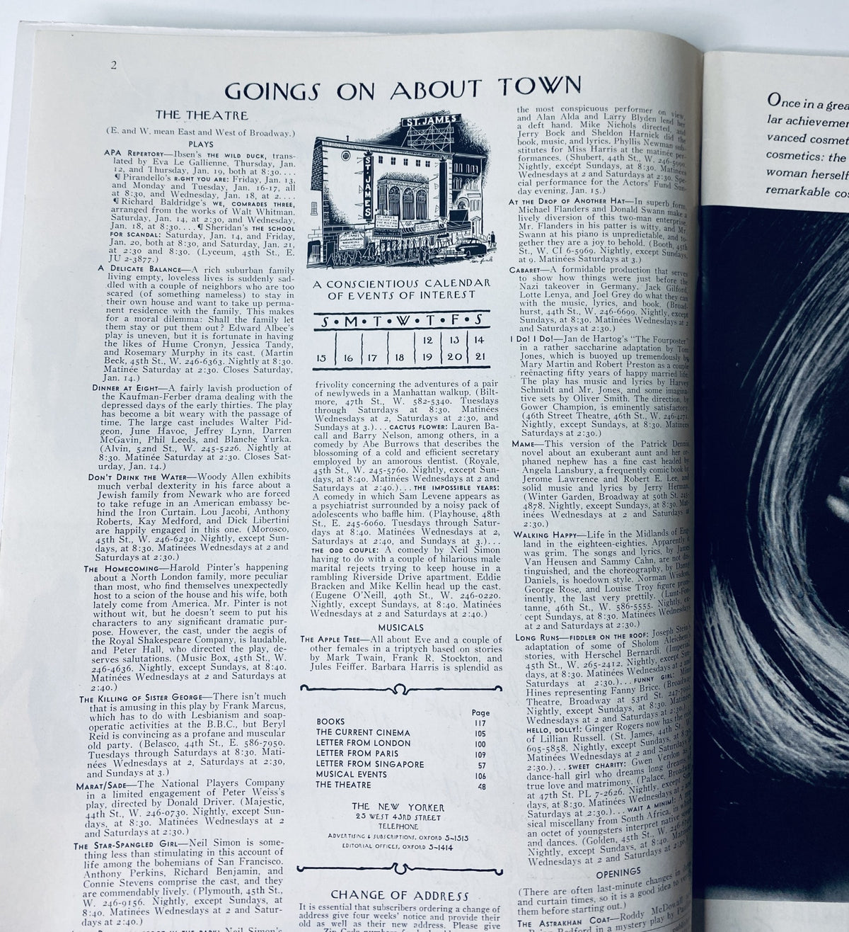 Inside page of The New Yorker Magazine January 14, 1967 displaying a calendar of events called 'Goings On About Town' with listings for theatre and other cultural happenings.