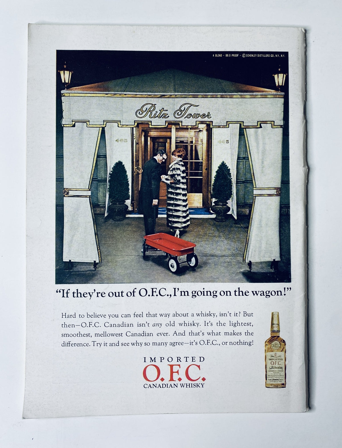 Back cover advertisement from The New Yorker Magazine January 14, 1967 promoting O.F.C. Canadian Whisky with a stylish scene at the Ritz Tower.