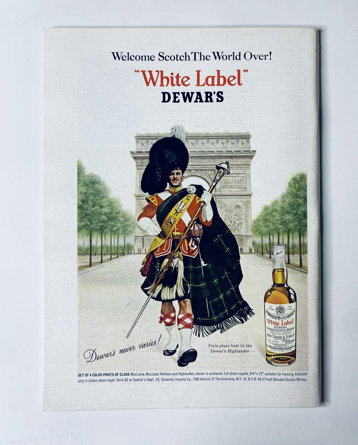 The New Yorker Magazine February 11, 1967 Valentine Hearts Cover A. Kovarsky, featuring an advertisement for Dewar's White Label Scotch whisky, depicting a Scottish soldier dressed in traditional attire.